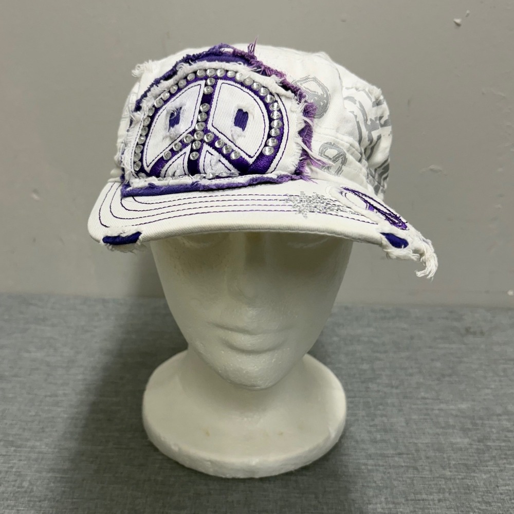 RainBow Cadet Cap Women OS White Y2K Peace Sign Rhinestone Distressed Military